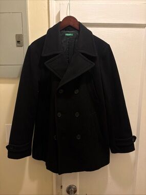 Men’s Made in Tunisia Of Benetton Black Double-Breasted Wool Pea Coat size large